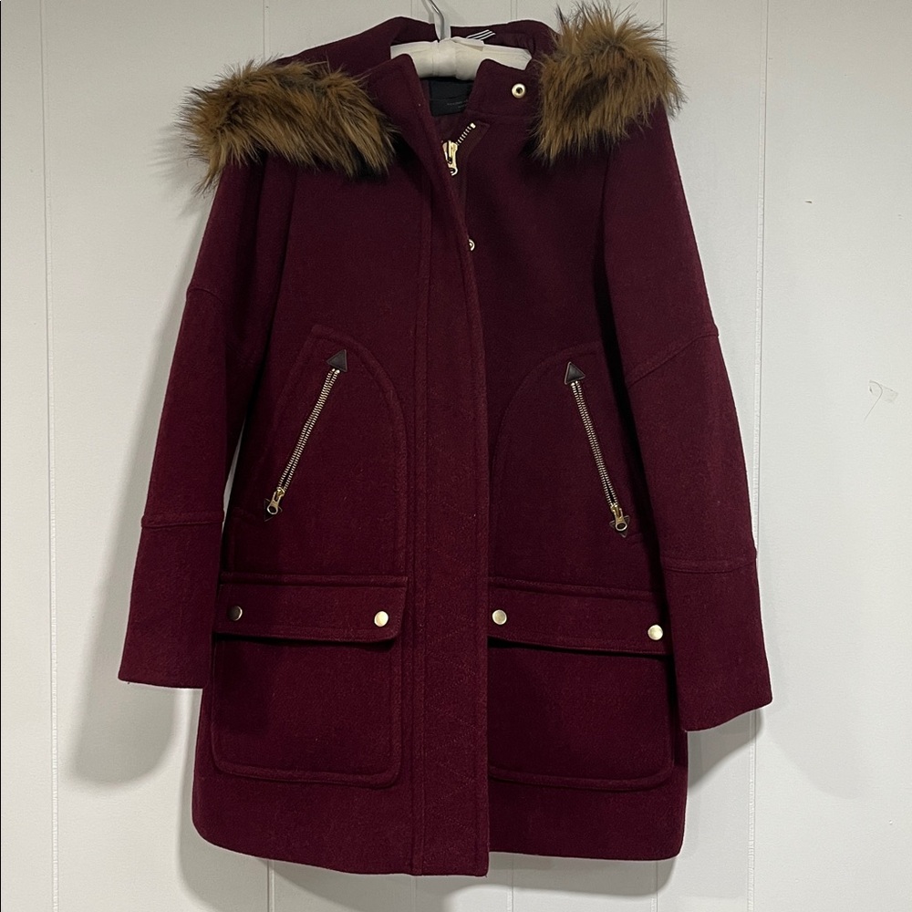 J. Crew Burgundy Coat with Faux Fur Trim